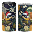 Aussie Honeyeaters Banksia Christmas 4 in 1 Can Cooler Tumbler Aboriginal Dots Painting Blue Motif - Aussie Hoodie