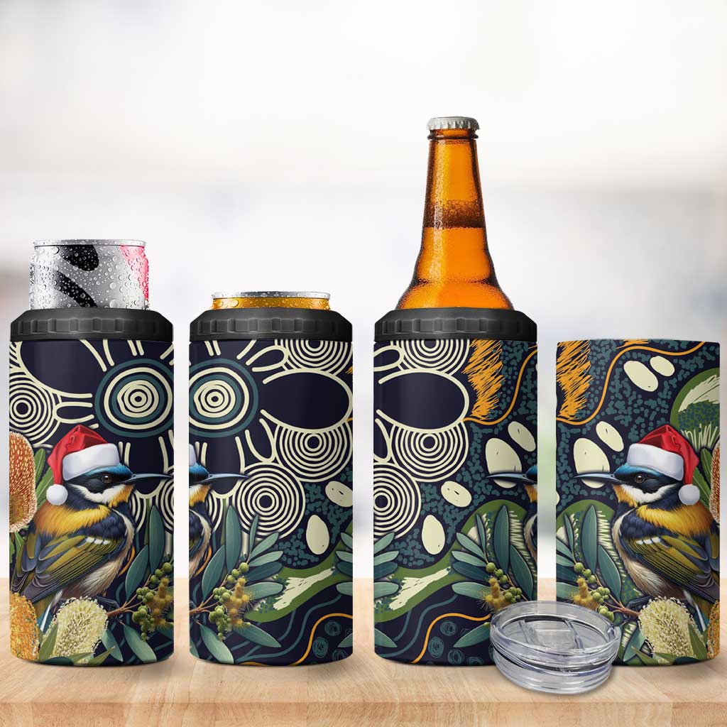 Aussie Honeyeaters Banksia Christmas 4 in 1 Can Cooler Tumbler Aboriginal Dots Painting Blue Motif - Aussie Hoodie