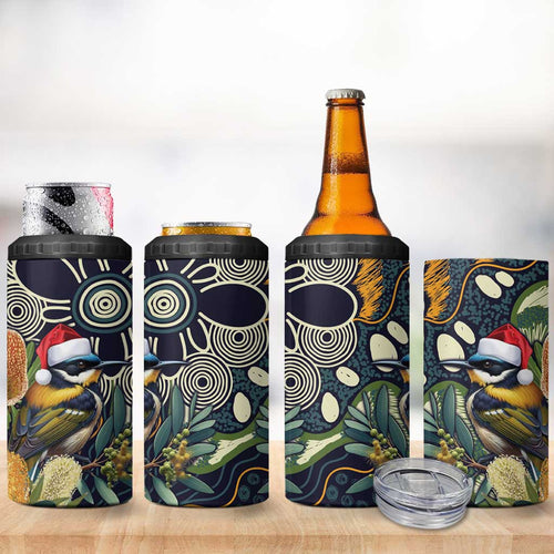 Aussie Honeyeaters Banksia Christmas 4 in 1 Can Cooler Tumbler Aboriginal Dots Painting Blue Motif - Aussie Hoodie