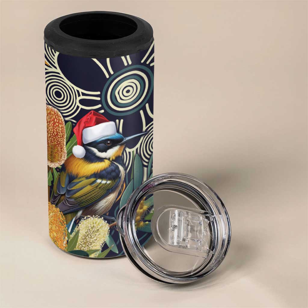 Aussie Honeyeaters Banksia Christmas 4 in 1 Can Cooler Tumbler Aboriginal Dots Painting Blue Motif - Aussie Hoodie
