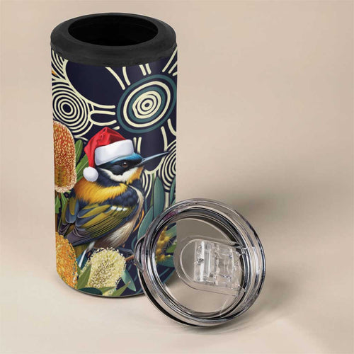 Aussie Honeyeaters Banksia Christmas 4 in 1 Can Cooler Tumbler Aboriginal Dots Painting Blue Motif - Aussie Hoodie