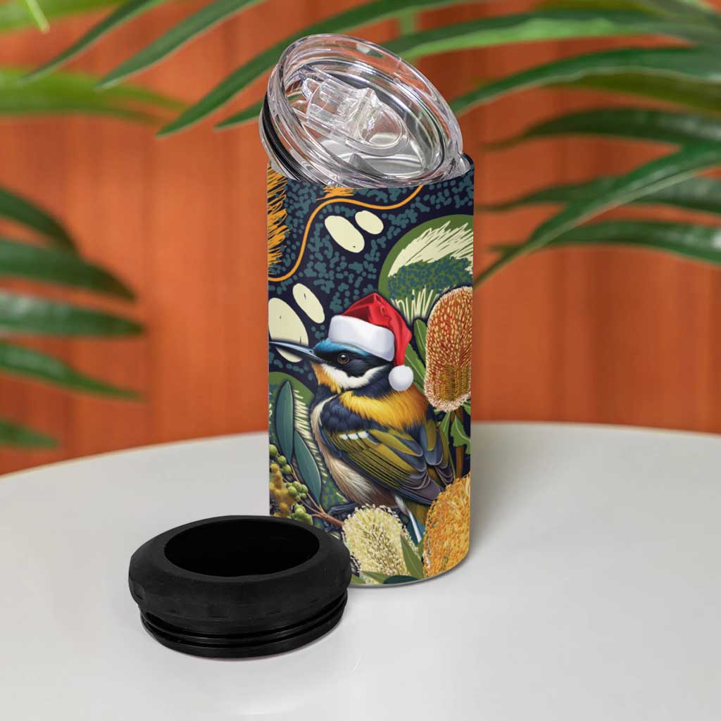 Aussie Honeyeaters Banksia Christmas 4 in 1 Can Cooler Tumbler Aboriginal Dots Painting Blue Motif - Aussie Hoodie
