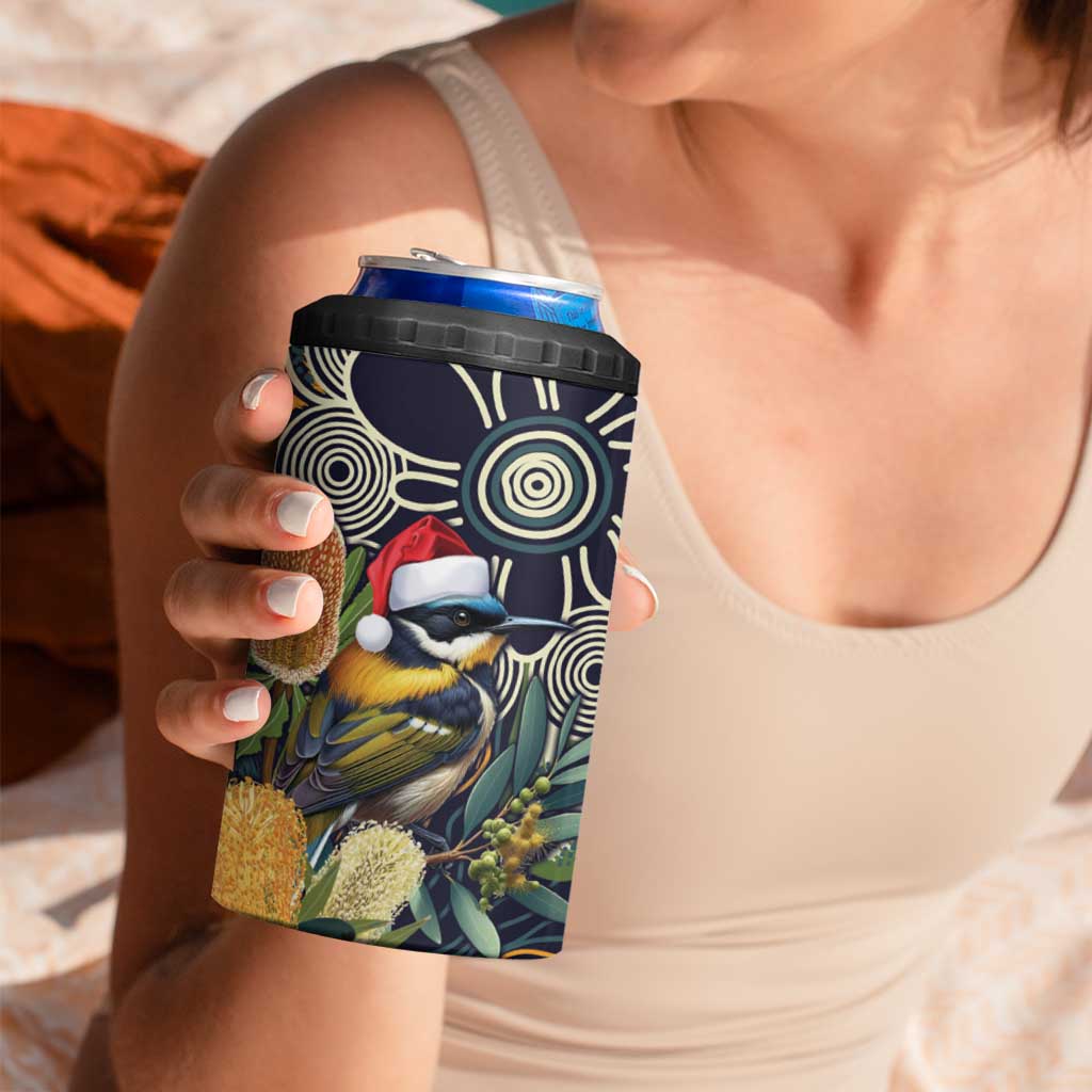 Aussie Honeyeaters Banksia Christmas 4 in 1 Can Cooler Tumbler Aboriginal Dots Painting Blue Motif - Aussie Hoodie
