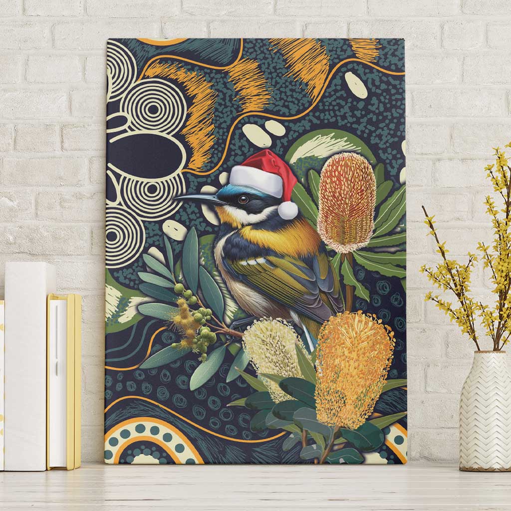 Aussie Honeyeaters Banksia Christmas Canvas Wall Art Aboriginal Dots Painting Blue Motif - Aussie Hoodie