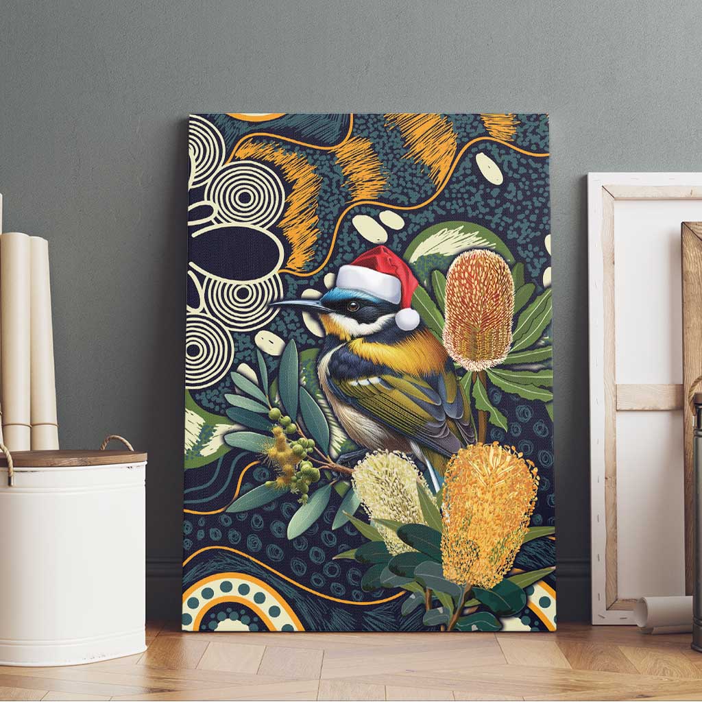 Aussie Honeyeaters Banksia Christmas Canvas Wall Art Aboriginal Dots Painting Blue Motif - Aussie Hoodie