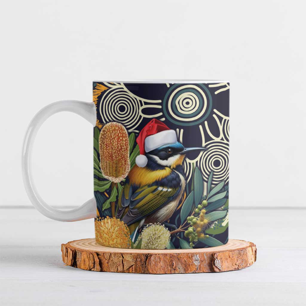 Aussie Honeyeaters Banksia Christmas Ceramic Mug Aboriginal Dots Painting Blue Motif - Aussie Hoodie