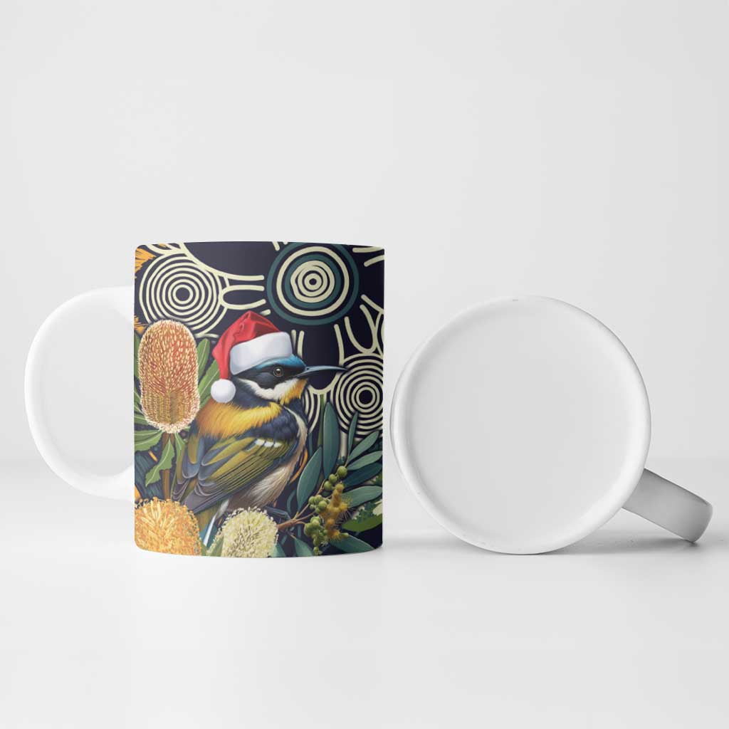 Aussie Honeyeaters Banksia Christmas Ceramic Mug Aboriginal Dots Painting Blue Motif - Aussie Hoodie