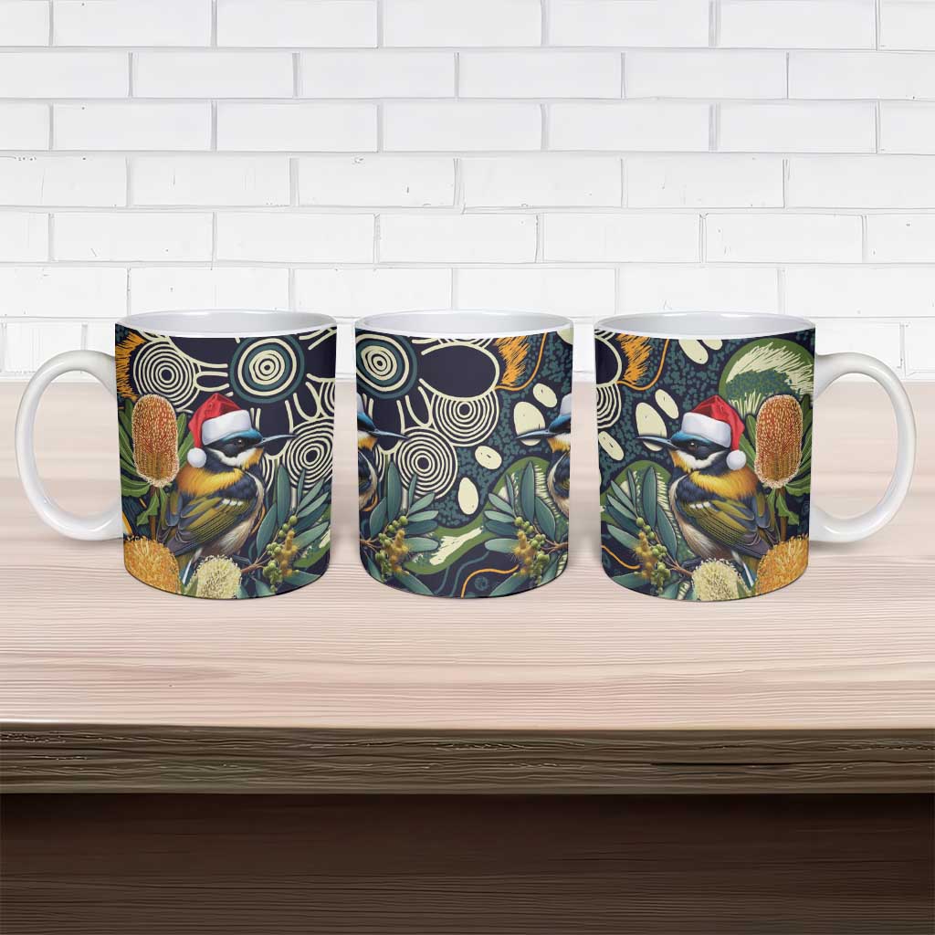Aussie Honeyeaters Banksia Christmas Ceramic Mug Aboriginal Dots Painting Blue Motif - Aussie Hoodie