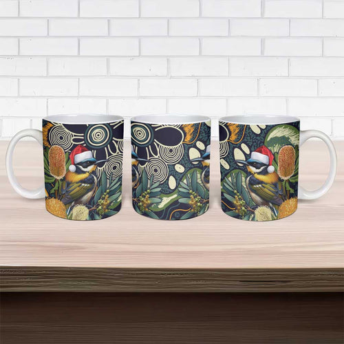 Aussie Honeyeaters Banksia Christmas Ceramic Mug Aboriginal Dots Painting Blue Motif - Aussie Hoodie