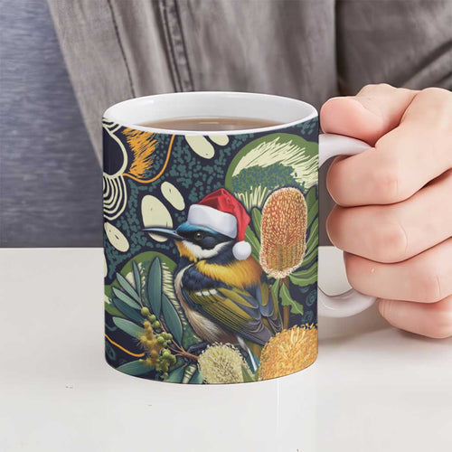 Aussie Honeyeaters Banksia Christmas Ceramic Mug Aboriginal Dots Painting Blue Motif - Aussie Hoodie