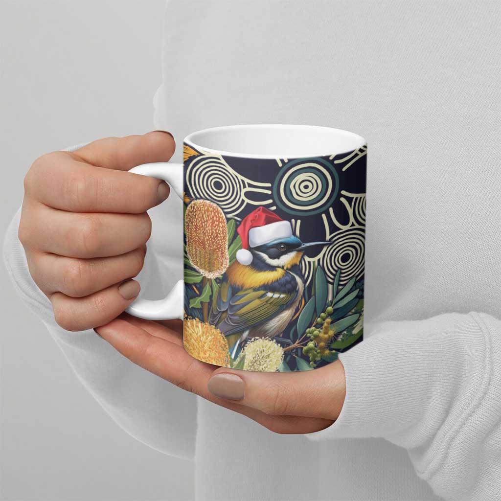 Aussie Honeyeaters Banksia Christmas Ceramic Mug Aboriginal Dots Painting Blue Motif - Aussie Hoodie
