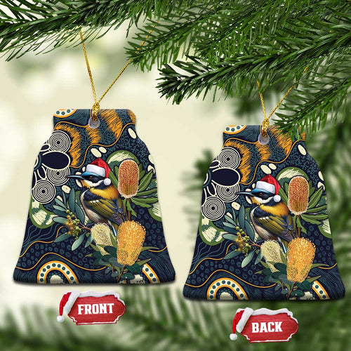 Aussie Honeyeaters Banksia Christmas Ceramic Ornament Aboriginal Dots Painting Blue Motif - Aussie Hoodie