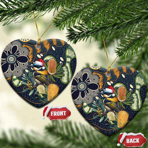 Aussie Honeyeaters Banksia Christmas Ceramic Ornament Aboriginal Dots Painting Blue Motif - Aussie Hoodie