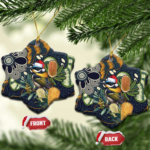 Aussie Honeyeaters Banksia Christmas Ceramic Ornament Aboriginal Dots Painting Blue Motif - Aussie Hoodie