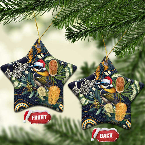 Aussie Honeyeaters Banksia Christmas Ceramic Ornament Aboriginal Dots Painting Blue Motif - Aussie Hoodie