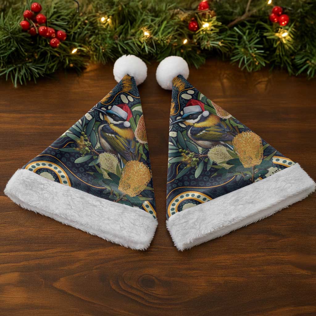 Aussie Honeyeaters Banksia Christmas Santa Hat Aboriginal Dots Painting Blue Motif - Aussie Hoodie