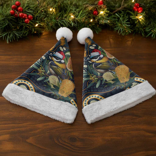 Aussie Honeyeaters Banksia Christmas Santa Hat Aboriginal Dots Painting Blue Motif - Aussie Hoodie