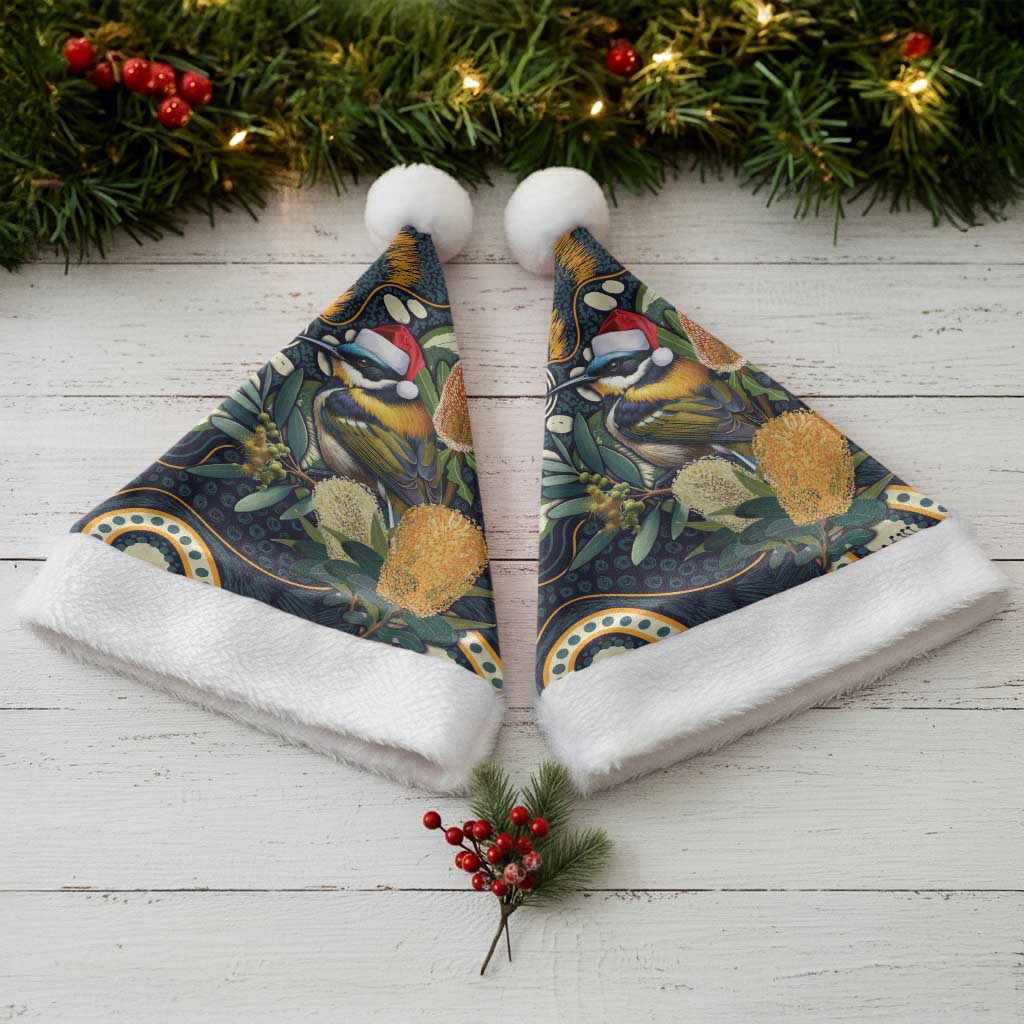 Aussie Honeyeaters Banksia Christmas Santa Hat Aboriginal Dots Painting Blue Motif - Aussie Hoodie