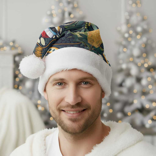 Aussie Honeyeaters Banksia Christmas Santa Hat Aboriginal Dots Painting Blue Motif - Aussie Hoodie