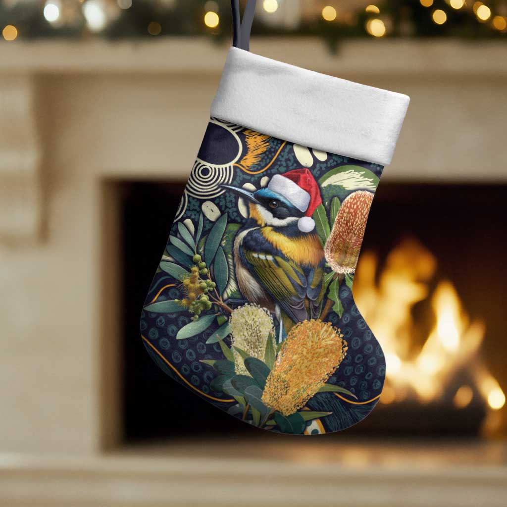 Aussie Honeyeaters Banksia Christmas Stocking Aboriginal Dots Painting Blue Motif - Aussie Hoodie