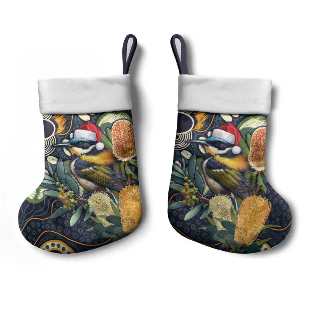 Aussie Honeyeaters Banksia Christmas Stocking Aboriginal Dots Painting Blue Motif - Aussie Hoodie