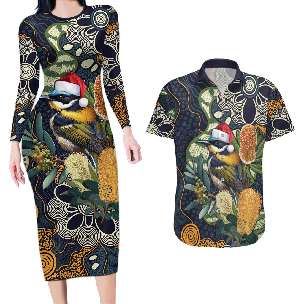 Aussie Honeyeaters Banksia Christmas Couples Matching Long Sleeve Bodycon Dress and Hawaiian Shirt Aboriginal Dots Painting Blue Motif - Aussie Hoodie