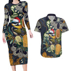 Aussie Honeyeaters Banksia Christmas Couples Matching Long Sleeve Bodycon Dress and Hawaiian Shirt Aboriginal Dots Painting Blue Motif - Aussie Hoodie