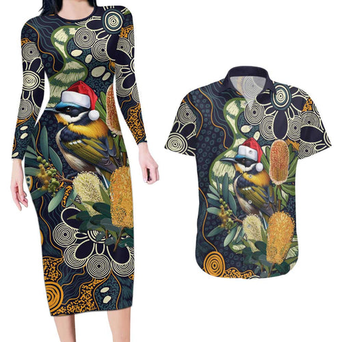 Aussie Honeyeaters Banksia Christmas Couples Matching Long Sleeve Bodycon Dress and Hawaiian Shirt Aboriginal Dots Painting Blue Motif - Aussie Hoodie