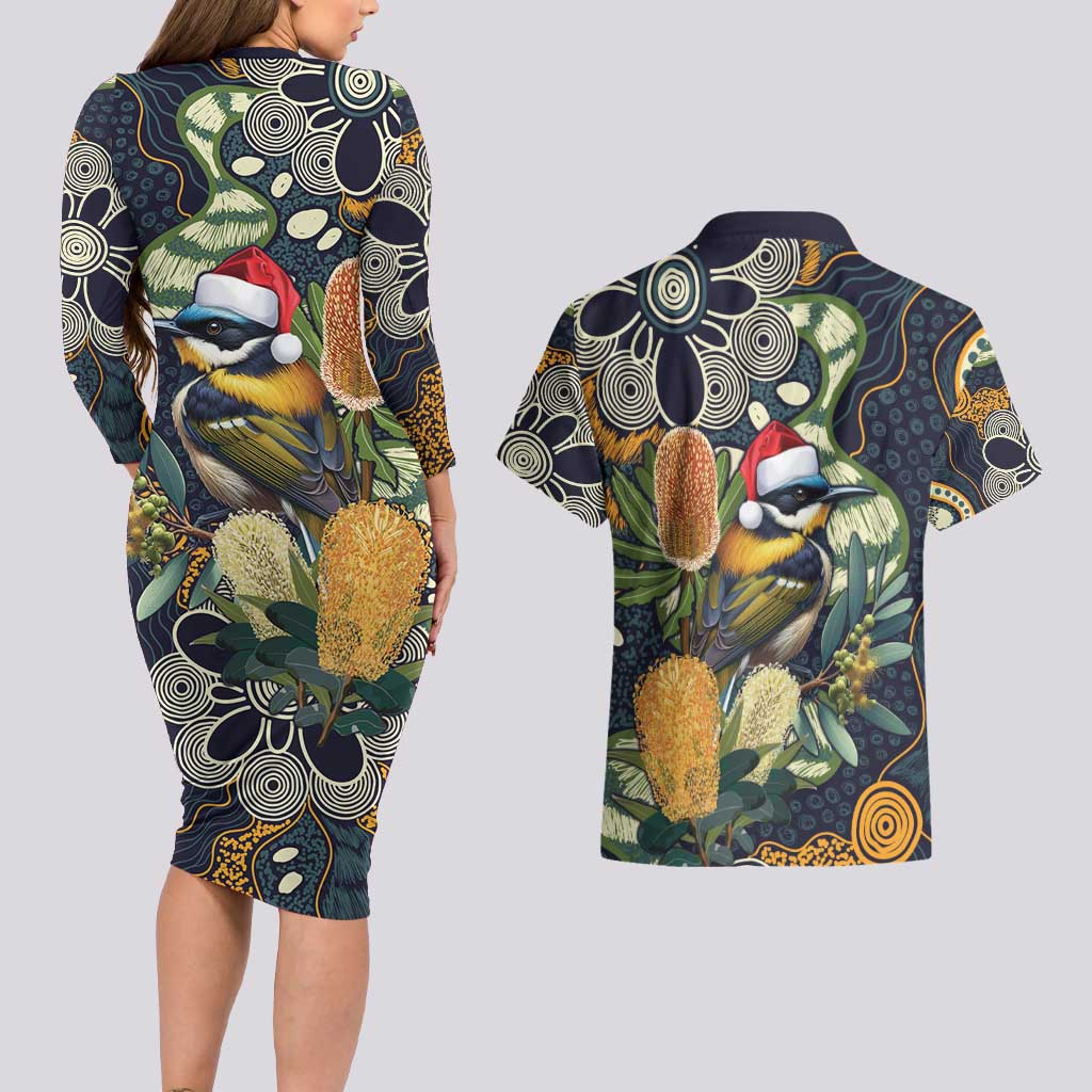 Aussie Honeyeaters Banksia Christmas Couples Matching Long Sleeve Bodycon Dress and Hawaiian Shirt Aboriginal Dots Painting Blue Motif - Aussie Hoodie