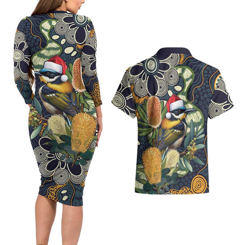 Aussie Honeyeaters Banksia Christmas Couples Matching Long Sleeve Bodycon Dress and Hawaiian Shirt Aboriginal Dots Painting Blue Motif - Aussie Hoodie