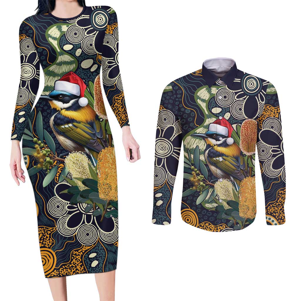 Aussie Honeyeaters Banksia Christmas Couples Matching Long Sleeve Bodycon Dress and Long Sleeve Button Shirt Aboriginal Dots Painting Blue Motif - Aussie Hoodie