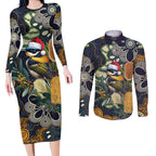 Aussie Honeyeaters Banksia Christmas Couples Matching Long Sleeve Bodycon Dress and Long Sleeve Button Shirt Aboriginal Dots Painting Blue Motif - Aussie Hoodie