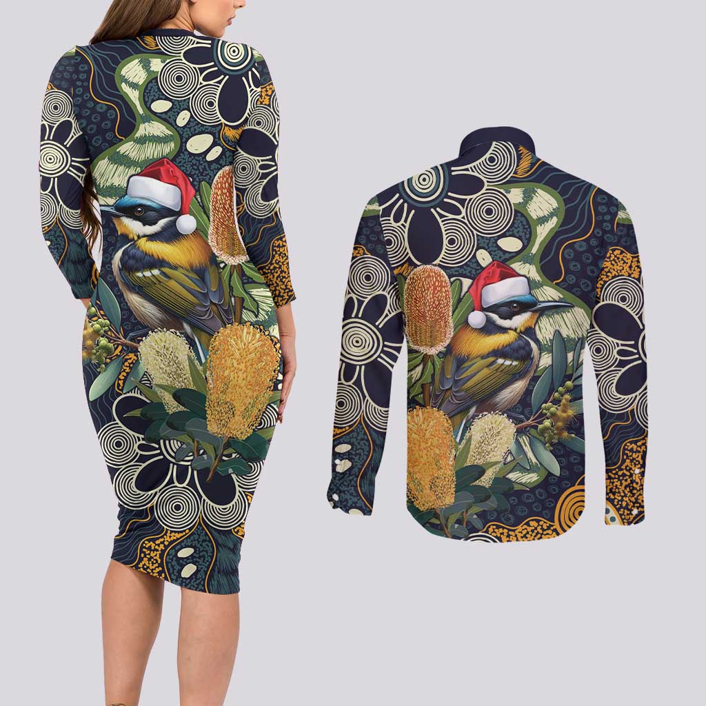 Aussie Honeyeaters Banksia Christmas Couples Matching Long Sleeve Bodycon Dress and Long Sleeve Button Shirt Aboriginal Dots Painting Blue Motif - Aussie Hoodie