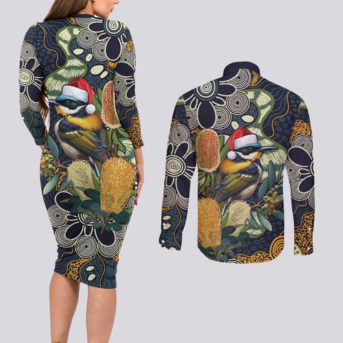 Aussie Honeyeaters Banksia Christmas Couples Matching Long Sleeve Bodycon Dress and Long Sleeve Button Shirt Aboriginal Dots Painting Blue Motif - Aussie Hoodie