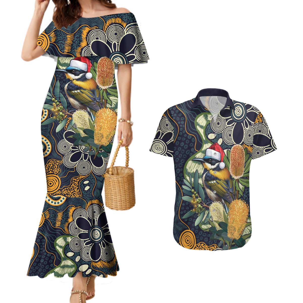 Aussie Honeyeaters Banksia Christmas Couples Matching Mermaid Dress and Hawaiian Shirt Aboriginal Dots Painting Blue Motif - Aussie Hoodie