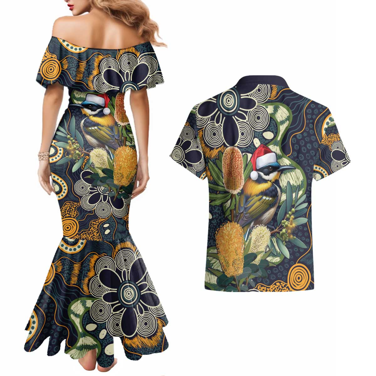 Aussie Honeyeaters Banksia Christmas Couples Matching Mermaid Dress and Hawaiian Shirt Aboriginal Dots Painting Blue Motif - Aussie Hoodie