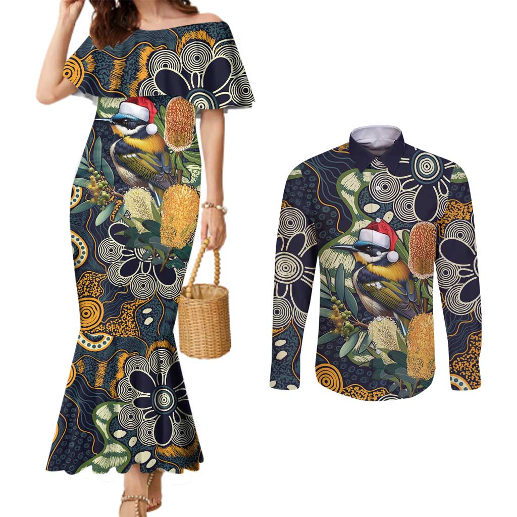 Aussie Honeyeaters Banksia Christmas Couples Matching Mermaid Dress and Long Sleeve Button Shirt Aboriginal Dots Painting Blue Motif - Aussie Hoodie