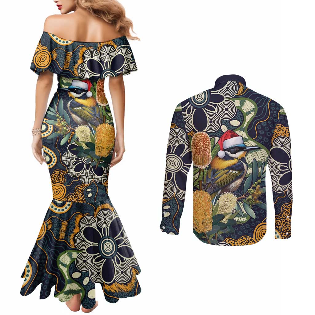 Aussie Honeyeaters Banksia Christmas Couples Matching Mermaid Dress and Long Sleeve Button Shirt Aboriginal Dots Painting Blue Motif - Aussie Hoodie