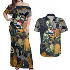 Aussie Honeyeaters Banksia Christmas Couples Matching Off Shoulder Maxi Dress and Hawaiian Shirt Aboriginal Dots Painting Blue Motif - Aussie Hoodie