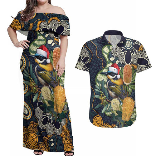 Aussie Honeyeaters Banksia Christmas Couples Matching Off Shoulder Maxi Dress and Hawaiian Shirt Aboriginal Dots Painting Blue Motif - Aussie Hoodie