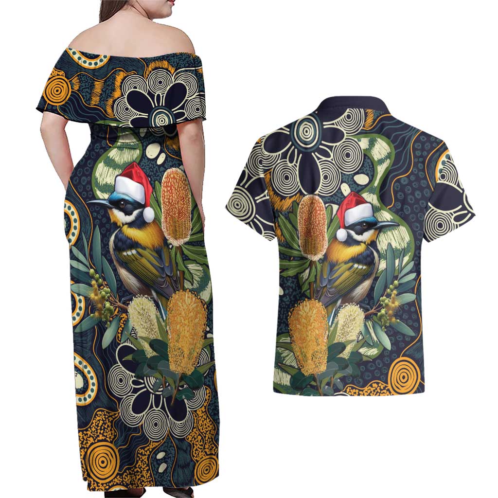 Aussie Honeyeaters Banksia Christmas Couples Matching Off Shoulder Maxi Dress and Hawaiian Shirt Aboriginal Dots Painting Blue Motif - Aussie Hoodie