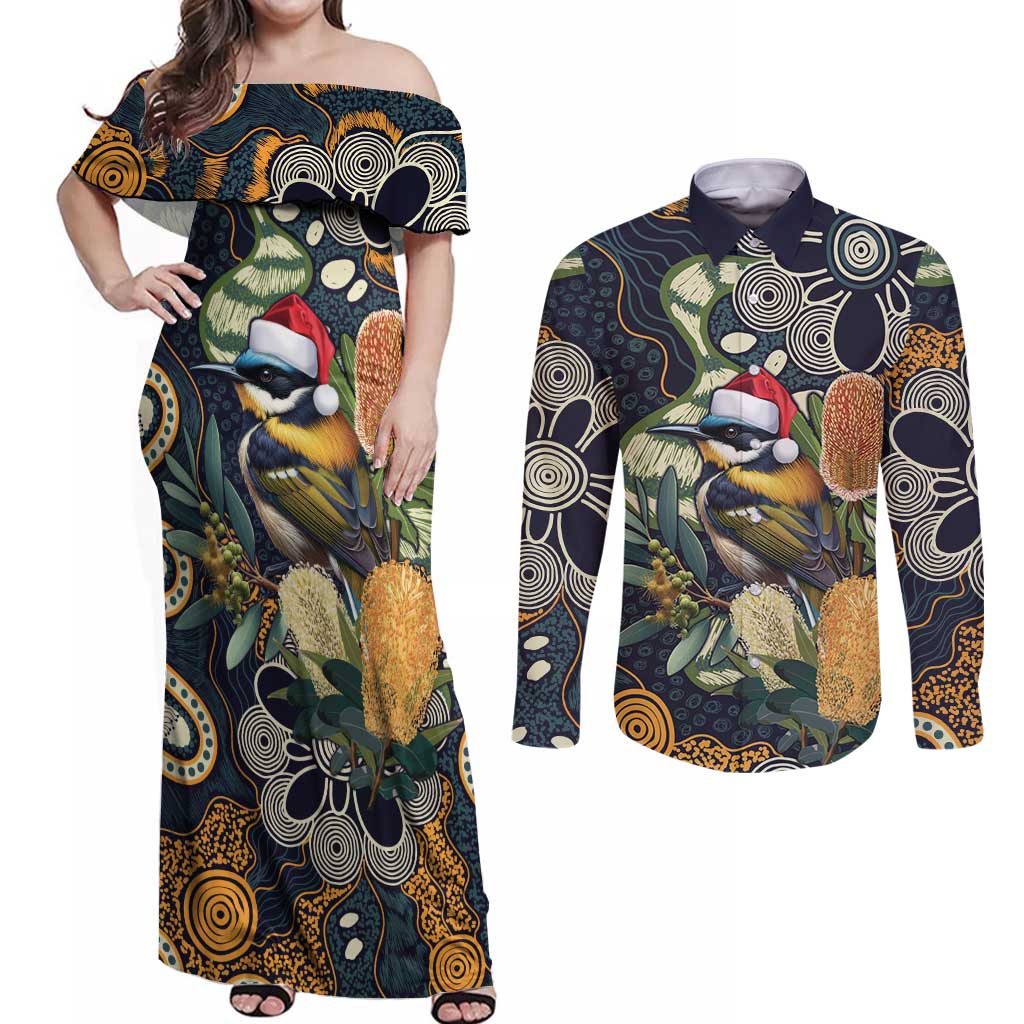Aussie Honeyeaters Banksia Christmas Couples Matching Off Shoulder Maxi Dress and Long Sleeve Button Shirt Aboriginal Dots Painting Blue Motif - Aussie Hoodie