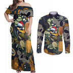 Aussie Honeyeaters Banksia Christmas Couples Matching Off Shoulder Maxi Dress and Long Sleeve Button Shirt Aboriginal Dots Painting Blue Motif - Aussie Hoodie