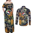 Aussie Honeyeaters Banksia Christmas Couples Matching Off Shoulder Maxi Dress and Long Sleeve Button Shirt Aboriginal Dots Painting Blue Motif - Aussie Hoodie