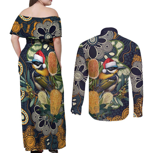 Aussie Honeyeaters Banksia Christmas Couples Matching Off Shoulder Maxi Dress and Long Sleeve Button Shirt Aboriginal Dots Painting Blue Motif - Aussie Hoodie