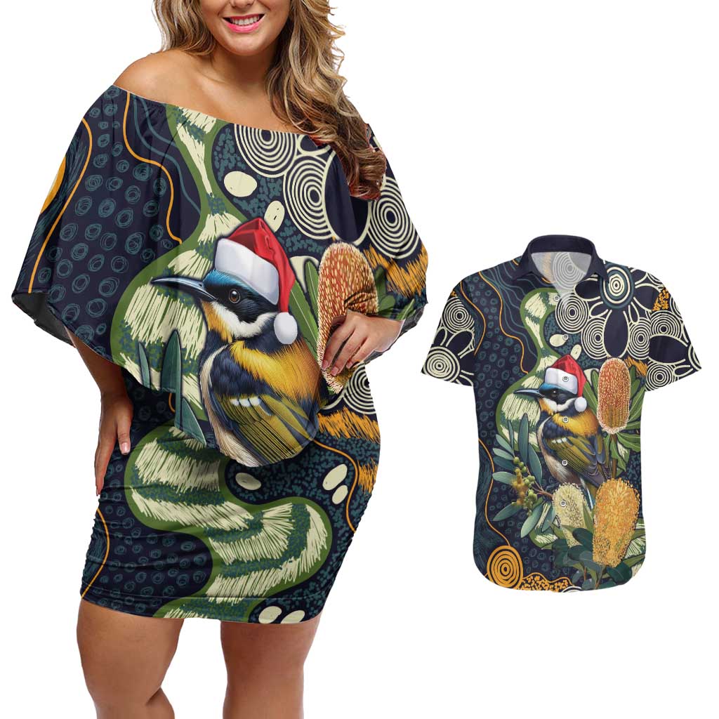 Aussie Honeyeaters Banksia Christmas Couples Matching Off Shoulder Short Dress and Hawaiian Shirt Aboriginal Dots Painting Blue Motif - Aussie Hoodie