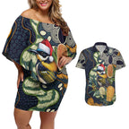 Aussie Honeyeaters Banksia Christmas Couples Matching Off Shoulder Short Dress and Hawaiian Shirt Aboriginal Dots Painting Blue Motif - Aussie Hoodie