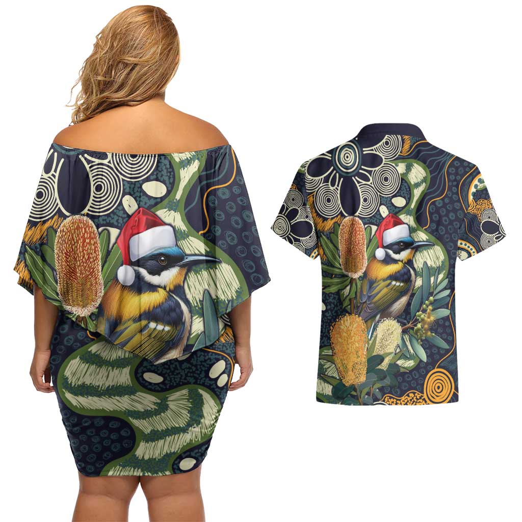 Aussie Honeyeaters Banksia Christmas Couples Matching Off Shoulder Short Dress and Hawaiian Shirt Aboriginal Dots Painting Blue Motif - Aussie Hoodie