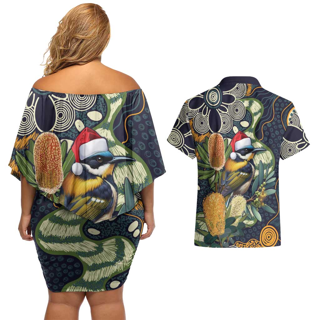 Aussie Honeyeaters Banksia Christmas Couples Matching Off Shoulder Short Dress and Hawaiian Shirt Aboriginal Dots Painting Blue Motif - Aussie Hoodie