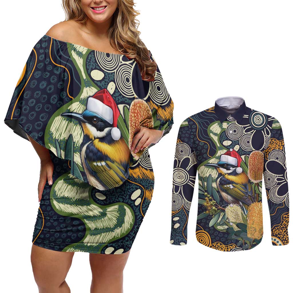 Aussie Honeyeaters Banksia Christmas Couples Matching Off Shoulder Short Dress and Long Sleeve Button Shirt Aboriginal Dots Painting Blue Motif - Aussie Hoodie